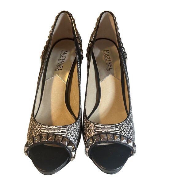 Michael Michael Kors black and gray snake print leather silver stud heels size 7 - Picture 4 of 6